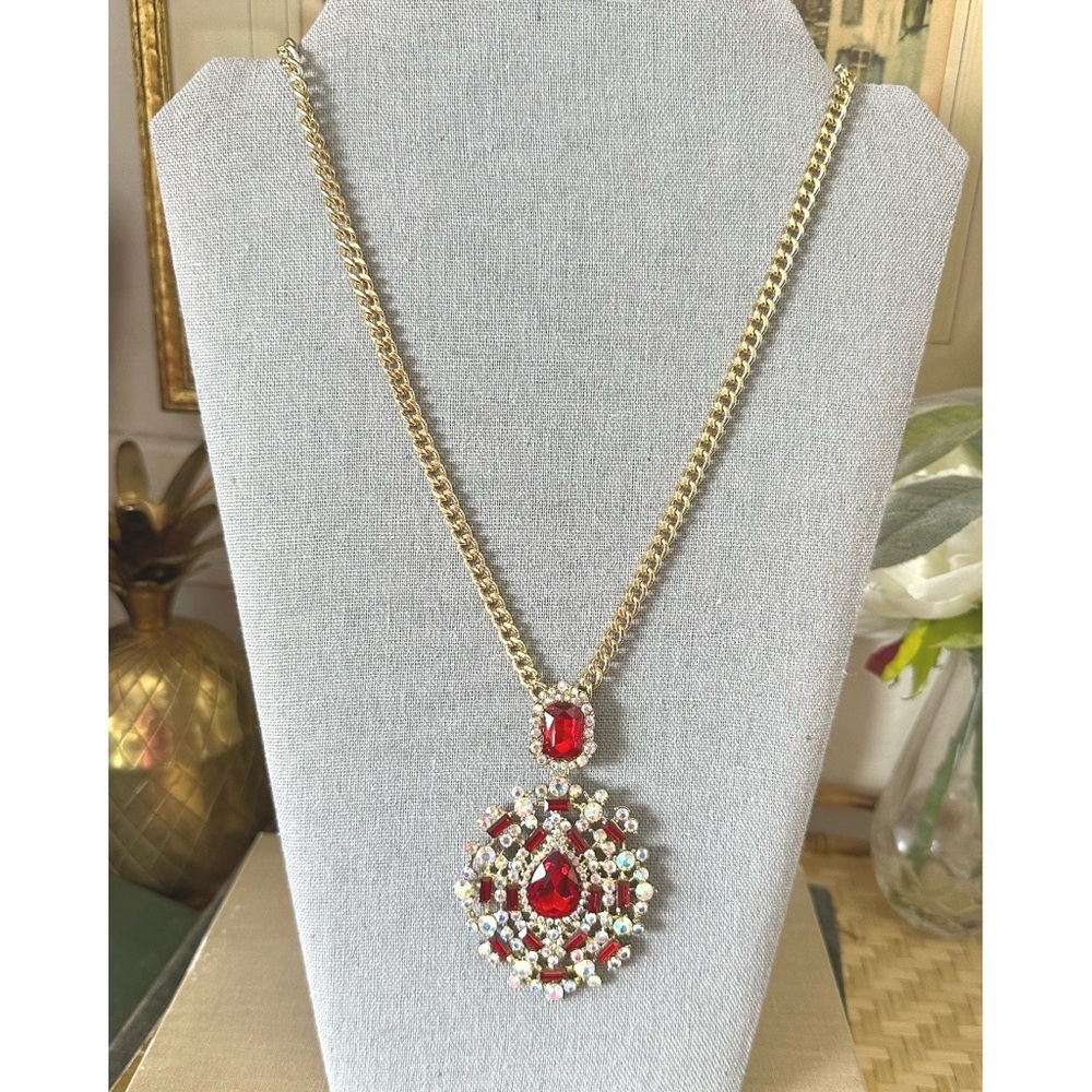 Gold Tone & Red Gem Fashion Necklace NWT